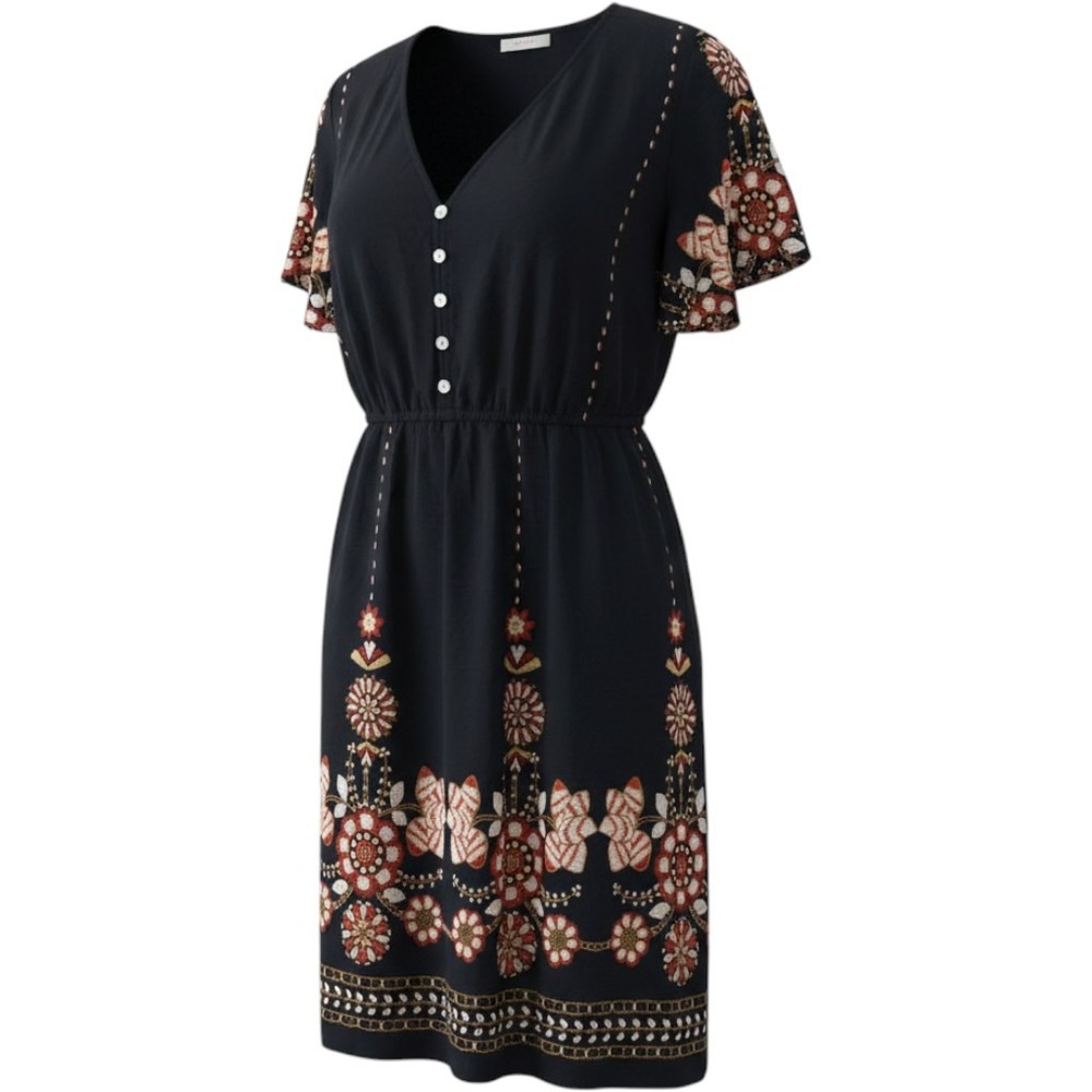 Pinup Fashion Women 18W Navy Blue Floral Border Print Viscose V-Neck Dress NEW